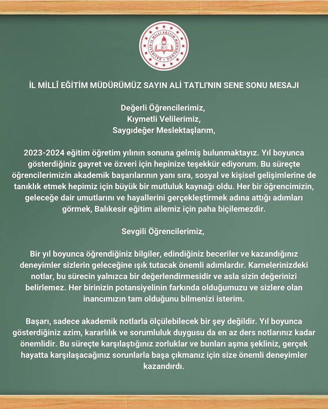 Balıkesir İl Milli Eğitim Müdürü Ali Tatlı’dan Yıl Sonu Mesajı