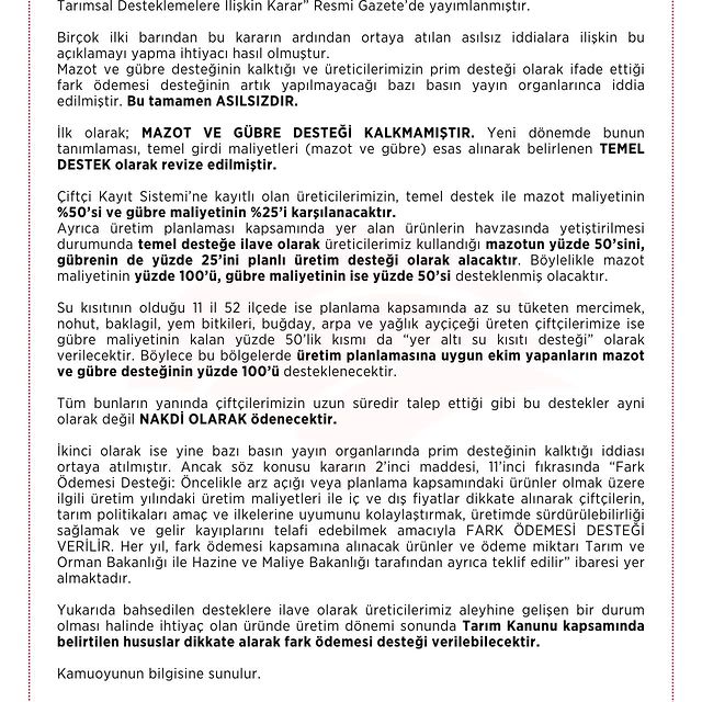 Tarım ve Orman Bakanlığı: Mazot ve Gübre Destekleri Devam Edecek