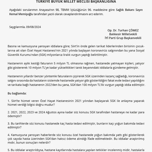 İYİ Partili Çömez’den Sağlık Bakanı’na Şok Sorular