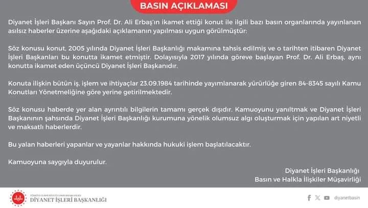 Diyanet İşleri Başkanlığı’ndan Asılsız İddialar Hakkında Açıklama