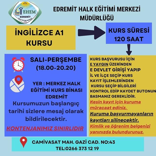 Edremit Halk Eğitimi Merkezi’nden Yeni İngilizce Kursu!