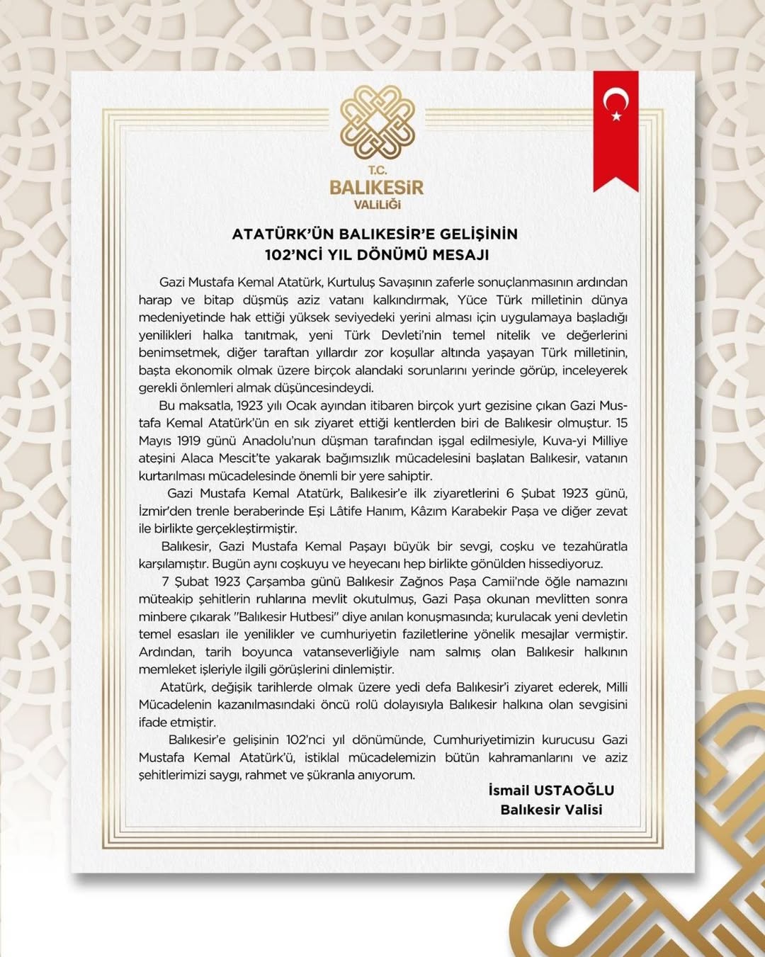 Vali İsmail Ustaoğlu’ndan Atatürk’ün Balıkesir’e Gelişinin 102. Yıl Dönümü Mesajı