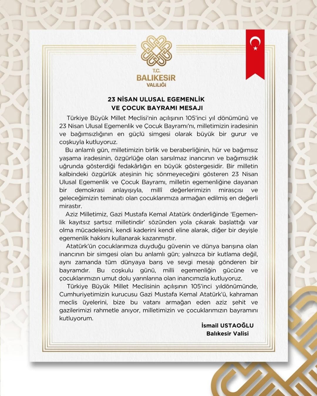 Balıkesir’de 23 Nisan Coşkusu: Vali Ustaoğlu’ndan Mesaj