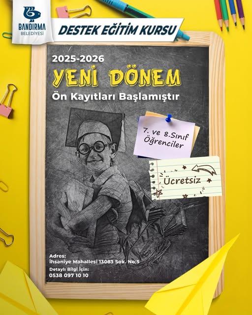 Bandırma Belediyesi, 7 ve 8. Sınıf Öğrencileri İçin Ücretsiz Destek Eğitim Kurslarına Başvuru Başladı