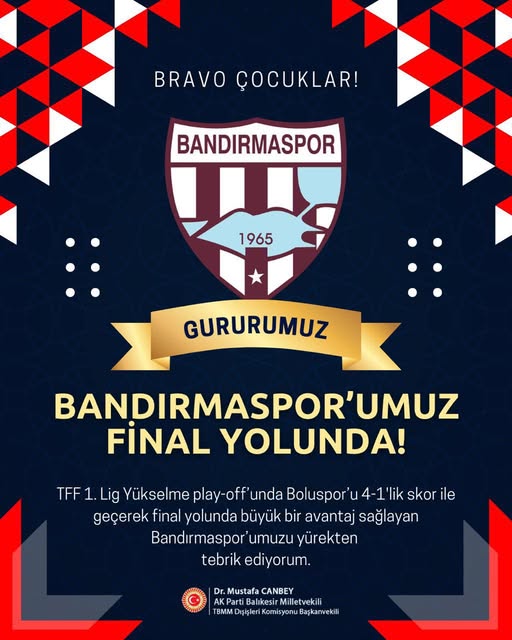 Teksüt Bandırmaspor, Trendyol 1. Lig Yükselme Play-Off Finaline Yükseldi