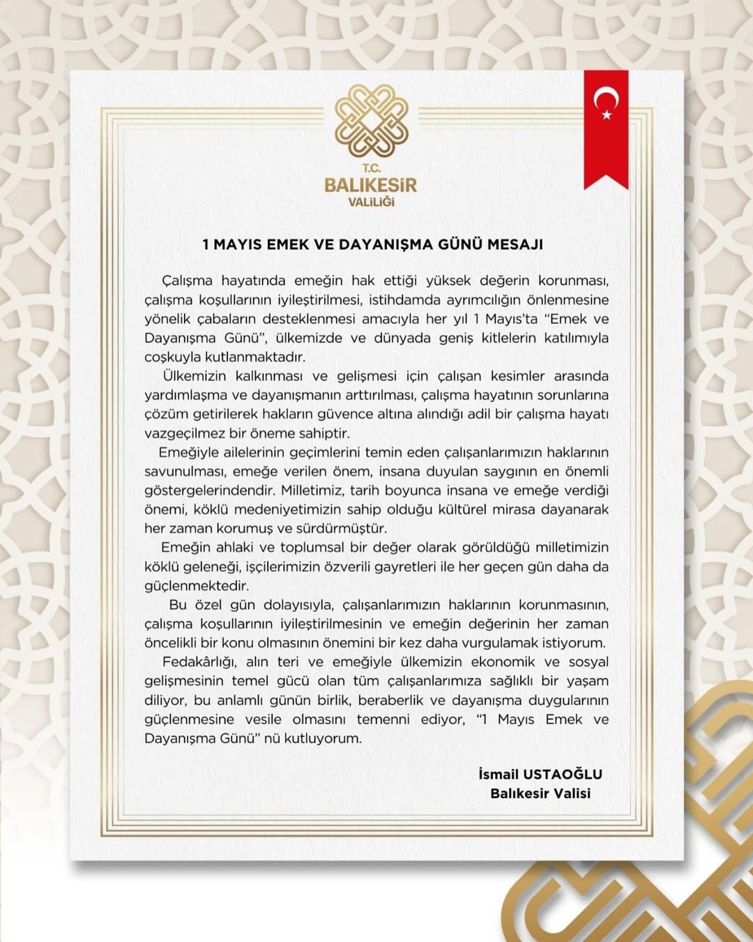 Balıkesir Valisi Ustaoğlu, 1 Mayıs Emek ve Dayanışma Günü’nü Kutladı