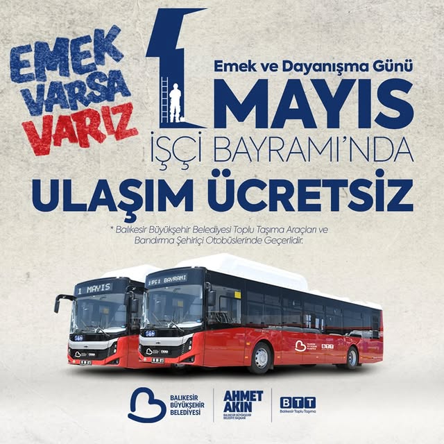 1 Mayıs’ta Balıkesir’de Toplu Taşıma Ücretsiz Olacak
