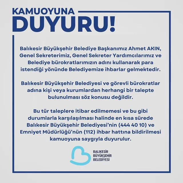 Balıkesir Büyükşehir Belediyesi Adına Para İsteme İddialarına Karşı Uyarı