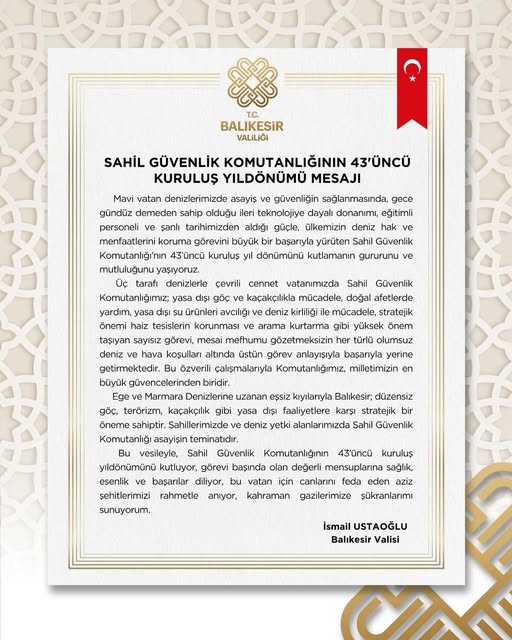 Balıkesir Valisi Ustaoğlu’ndan Sahil Güvenlik Komutanlığı’na Kutlama Mesajı