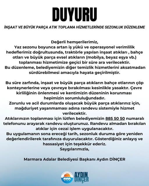 Marmara Adalar’da Büyük Parça Atık Toplama Hizmetine Yaz Döneminde Geçici Ara