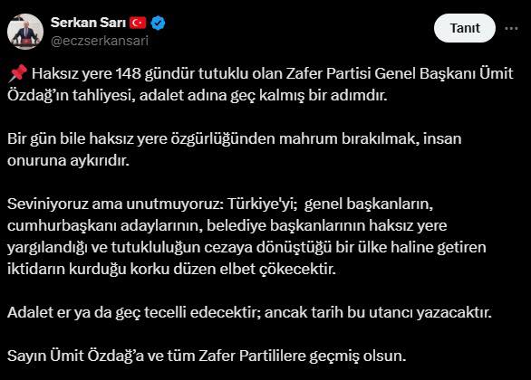 Serkan Sarı’dan Ümit Özdağ ve Zafer Partililere Geçmiş Olsun Mesajı