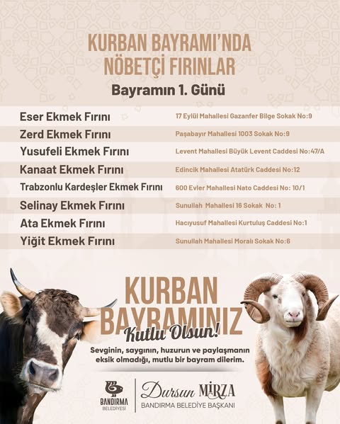 Bandırma’da Kurban Bayramı’nda Nöbetçi Fırınlar Belirlendi