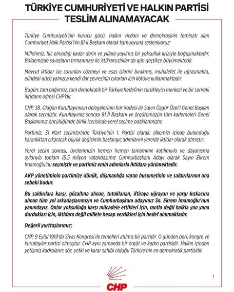 CHP Balıkesir İl Başkanlığı’ndan “Türkiye Cumhuriyeti ve Halkın Partisi Teslim Alınamayacak” Çağrısı