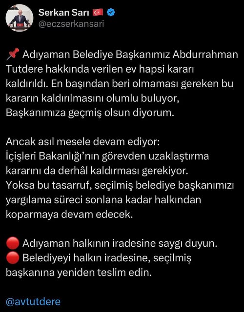 Adıyaman Belediye Başkanı Abdurrahman Tutdere’ye Ev Hapsi Kararı Kaldırıldı