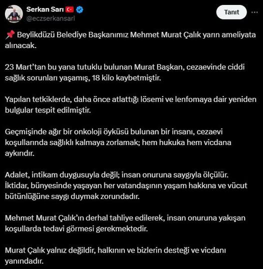 Beylikdüzü Belediye Başkanı Mehmet Murat Çalık Ameliyata Alınıyor