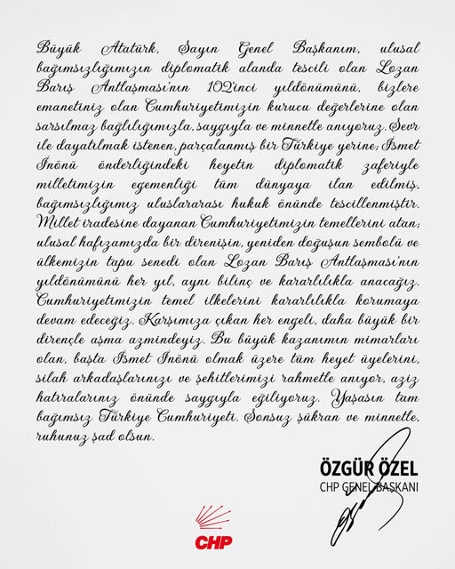 CHP Genel Başkanı Özgür Özel Lozan Barış Antlaşması’nın 102. Yıl Dönümünde Anıtkabir’i Ziyaret Etti