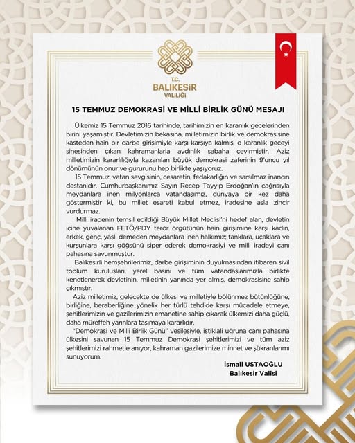 Balıkesir Valisi’nden 15 Temmuz Mesajı: Milli Birlik ve Demokrasi Vurgusu