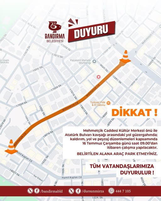 Bandırma’da Mehmetçik Caddesi’nde Kaldırım ve Peyzaj Çalışmaları Başlıyor
