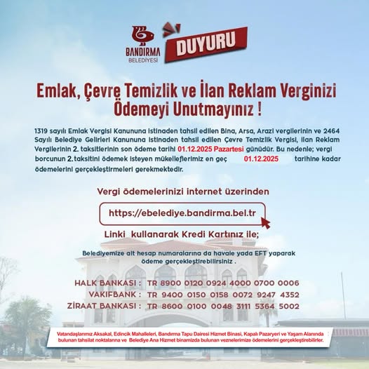 Bandırma’da Emlak ve Çevre Vergisi İkinci Taksit Son Ödeme Tarihi 1 Aralık