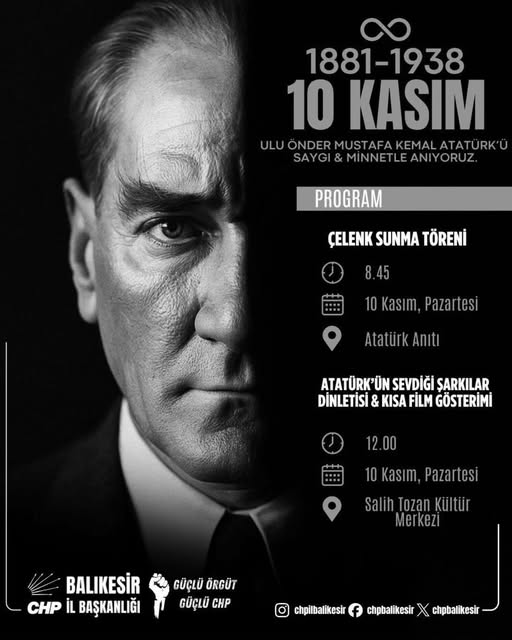 Balıkesir’de Mustafa Kemal Atatürk’ü Anma Programı Düzenleniyor