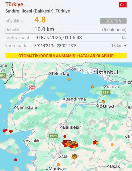 Sındırgı’da 4.8 Büyüklüğünde Deprem: Saat 01:06’da Meydana Geldi