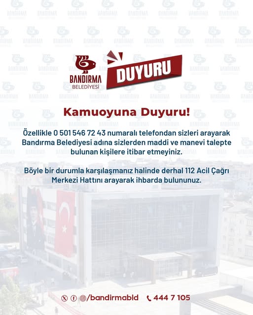 Bandırma Belediyesi’nden Vatandaşları Dolandırıcılık Açıklaması