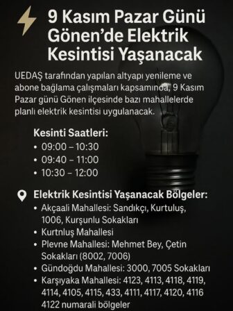 Gönen’de 9 Kasım Pazar Günü Elektrik Kesintisi: Kesinti Saatleri ve Mahalleler Açıklandı