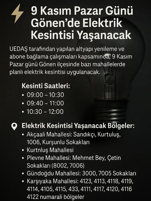 Gönen’de 9 Kasım Pazar Günü Elektrik Kesintisi: Kesinti Saatleri ve Mahalleler Açıklandı