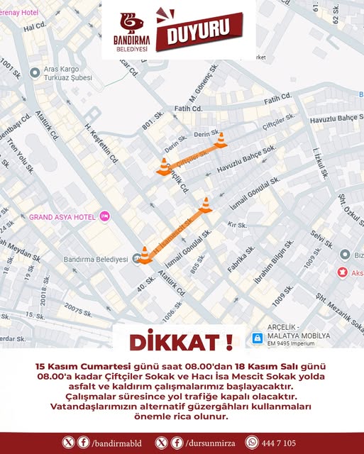 Bandırma’da Çiftçiler Sokak ve Hacı İsa Mescit Sokak’ta Ulaşım Kısıtlaması