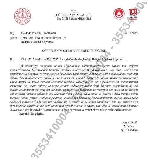 Gönen’de Veli Teşekkürü CİMER Üzerinden Okula Ulaştı