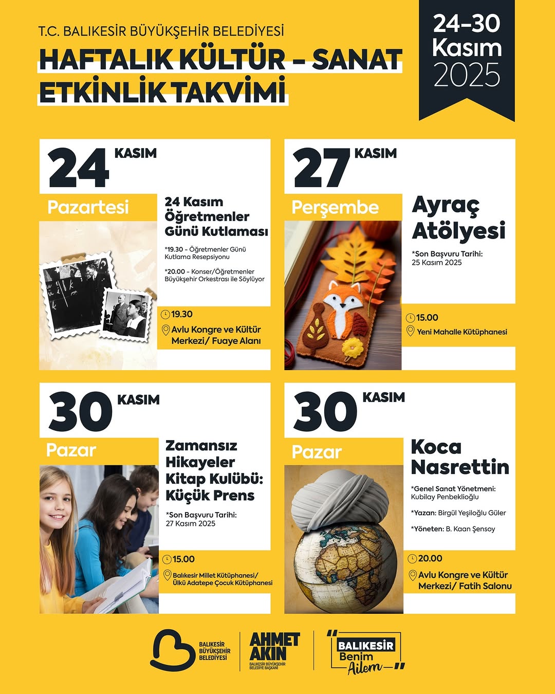 Balıkesir’de Kültür ve Sanat Haftası: 24-30 Kasım Etkinlik Takvimi Açıklandı