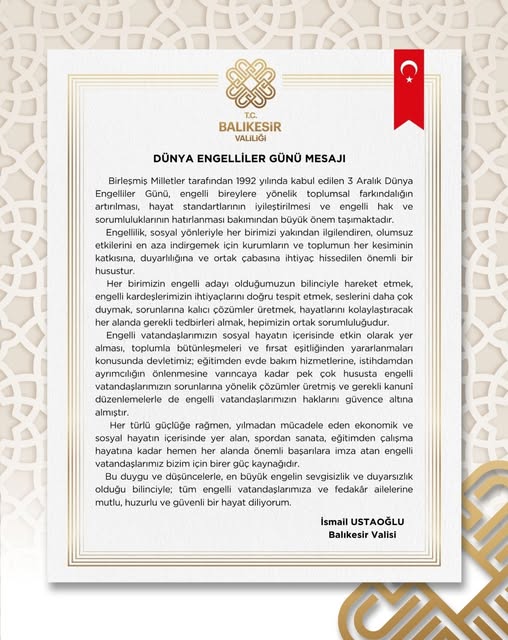 Balıkesir Valisi Ustaoğlu’nun 3 Aralık Dünya Engelliler Günü Mesajı